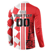 Red and white quarter-zip sweatshirt back with “YourText” and Croatia-themed graphic
