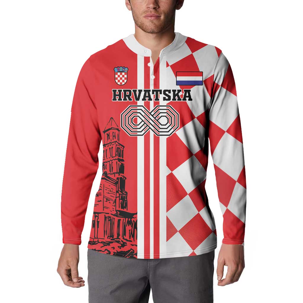Red and white quarter-zip sweatshirt with “Hrvatska,” skyline graphic, and checkerboard pattern