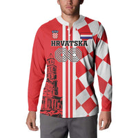 Red and white quarter-zip sweatshirt with “Hrvatska,” skyline graphic, and checkerboard pattern