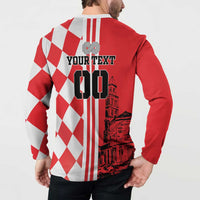 Men’s quarter-zip sweatshirt, red and white checkerboard with vertical stripe graphic