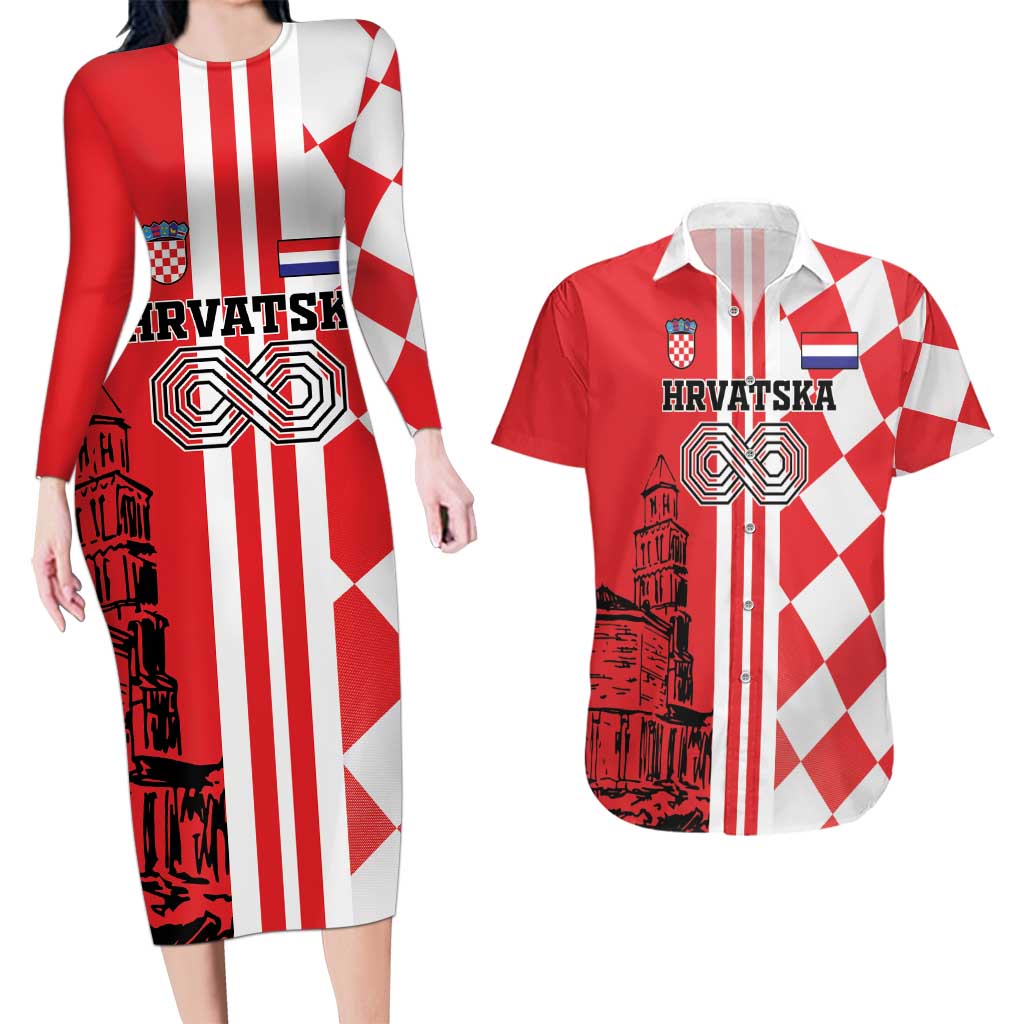 Custom Croatia Couples Matching Long Sleeve Bodycon Dress and Hawaiian Shirt Checkerboard Hrvatska Simple Style