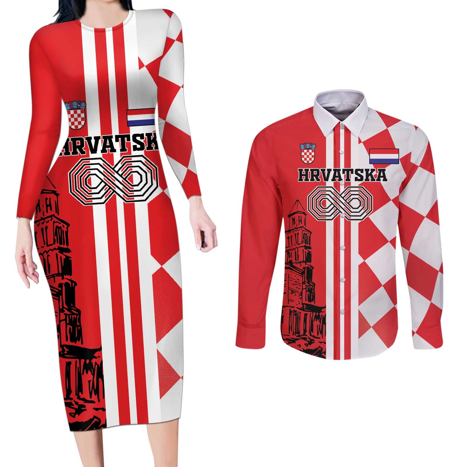 Custom Croatia Couples Matching Long Sleeve Bodycon Dress and Long Sleeve Button Shirt Checkerboard Hrvatska Simple Style