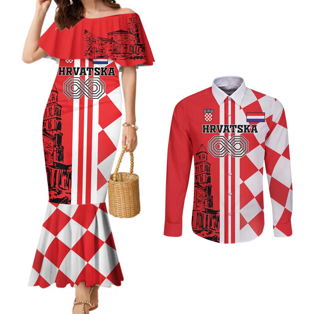 Custom Croatia Couples Matching Mermaid Dress and Long Sleeve Button Shirt Checkerboard Hrvatska Simple Style