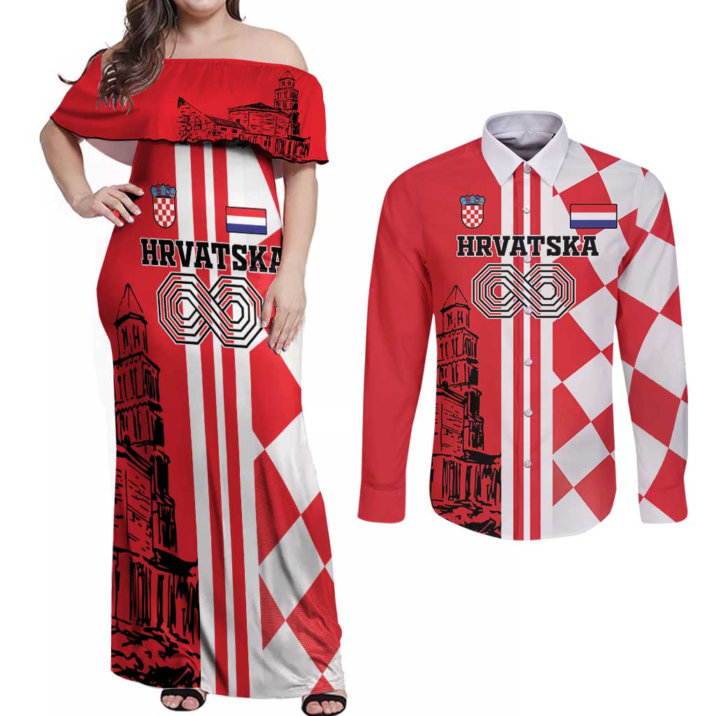 Custom Croatia Couples Matching Off Shoulder Maxi Dress and Long Sleeve Button Shirt Checkerboard Hrvatska Simple Style