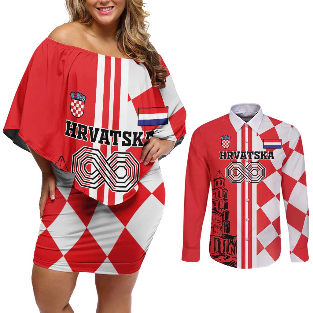 Custom Croatia Couples Matching Off Shoulder Short Dress and Long Sleeve Button Shirt Checkerboard Hrvatska Simple Style