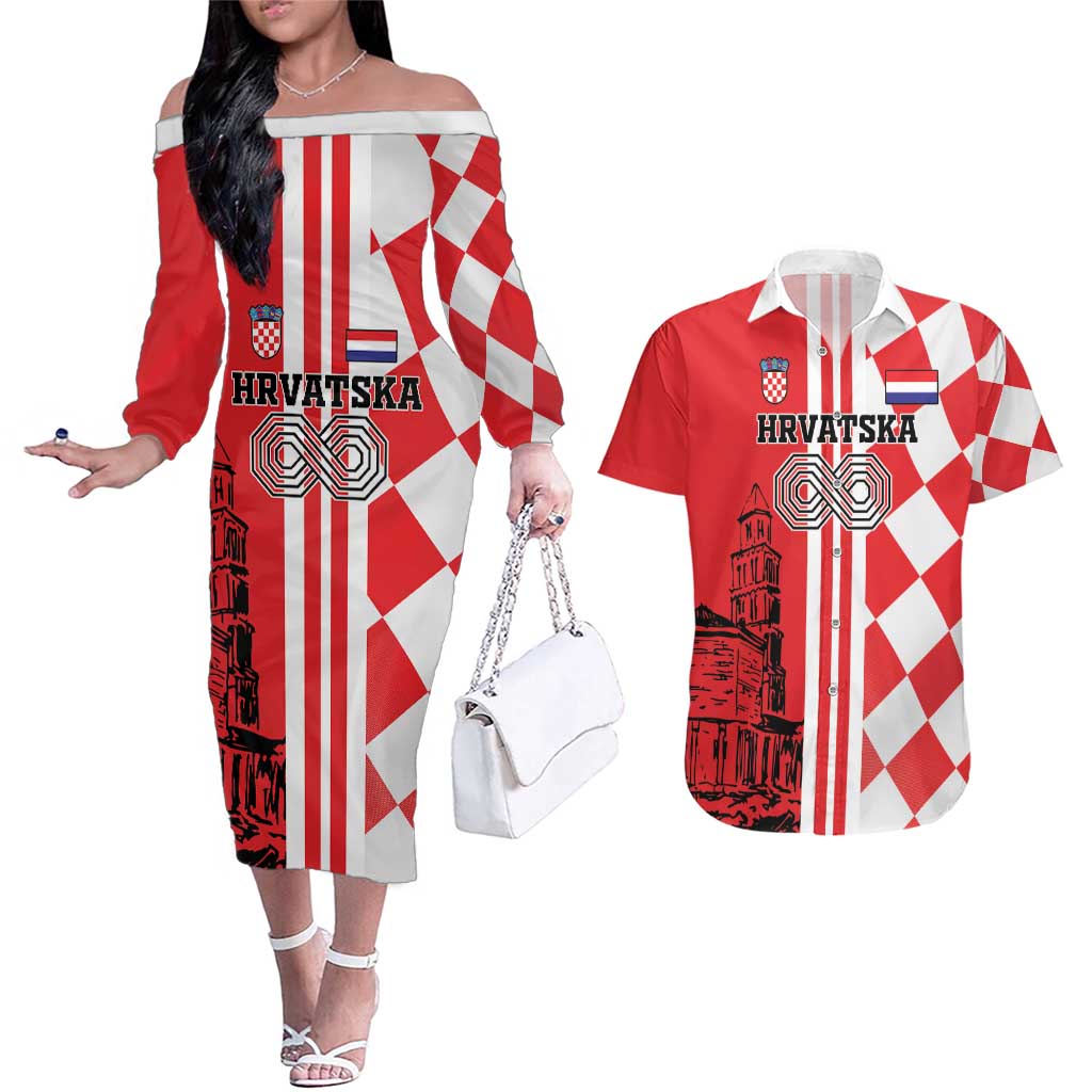 Custom Croatia Couples Matching Off The Shoulder Long Sleeve Dress and Hawaiian Shirt Checkerboard Hrvatska Simple Style