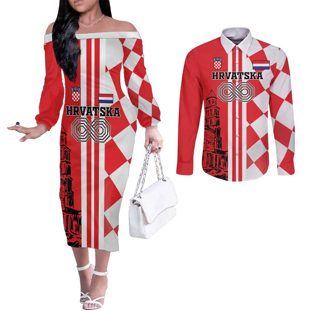 Custom Croatia Couples Matching Off The Shoulder Long Sleeve Dress and Long Sleeve Button Shirt Checkerboard Hrvatska Simple Style