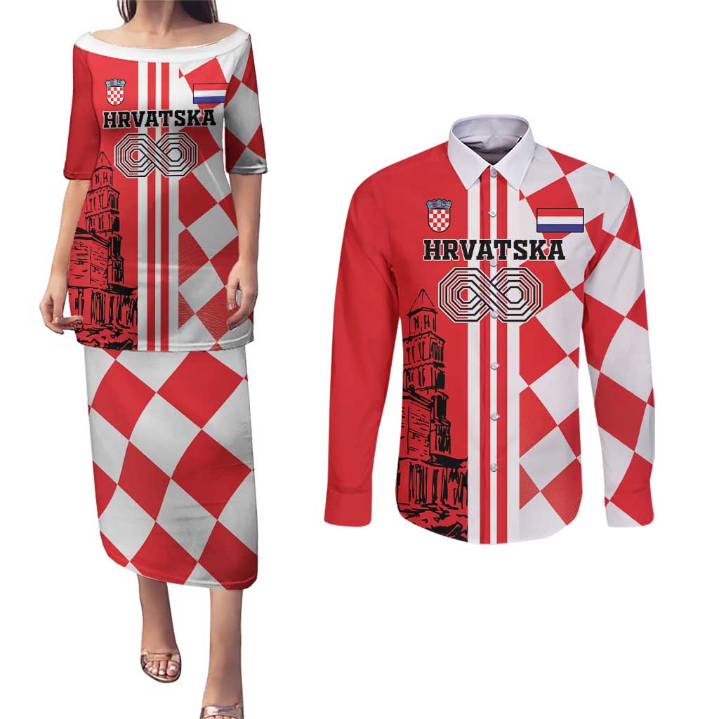 Custom Croatia Couples Matching Puletasi and Long Sleeve Button Shirt Checkerboard Hrvatska Simple Style