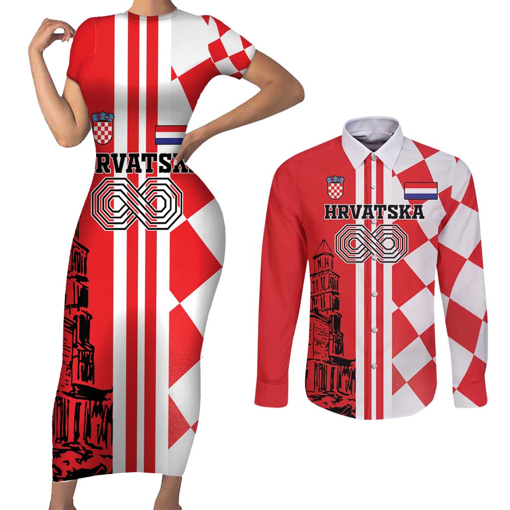 Custom Croatia Couples Matching Short Sleeve Bodycon Dress and Long Sleeve Button Shirt Checkerboard Hrvatska Simple Style