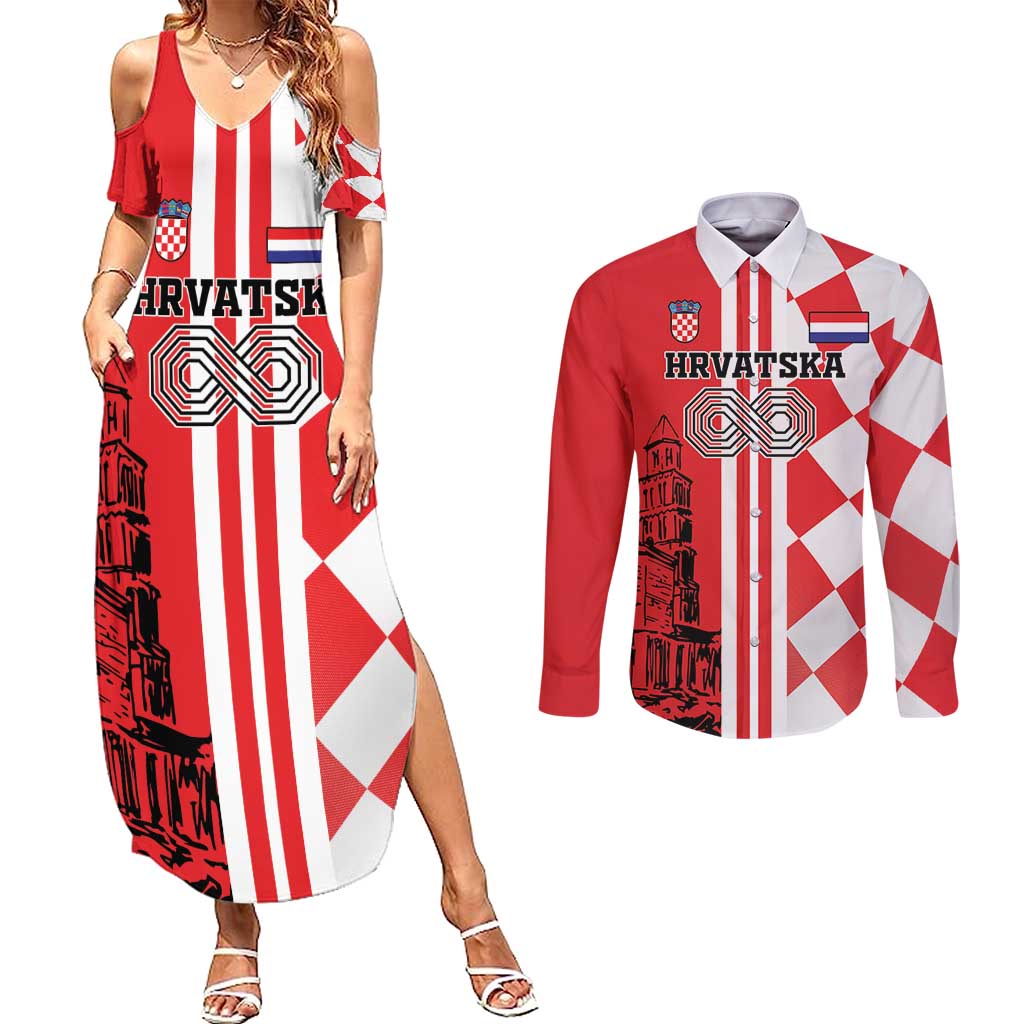 Custom Croatia Couples Matching Summer Maxi Dress and Long Sleeve Button Shirt Checkerboard Hrvatska Simple Style