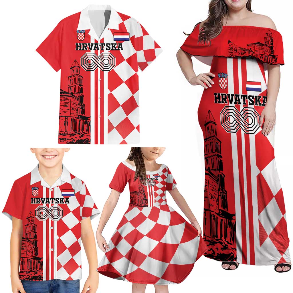 Custom Croatia Family Matching Off Shoulder Maxi Dress and Hawaiian Shirt Checkerboard Hrvatska Simple Style