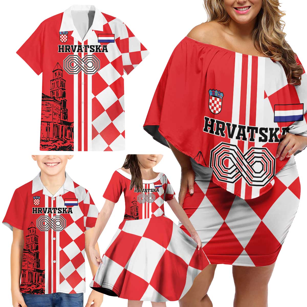 Custom Croatia Family Matching Off Shoulder Short Dress and Hawaiian Shirt Checkerboard Hrvatska Simple Style