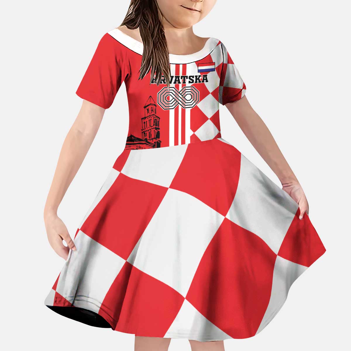 Custom Croatia Kid Short Sleeve Dress Checkerboard Hrvatska Simple Style