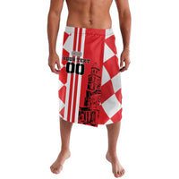 Red and white checkerboard swim shorts with elastic waistband and front graphic design