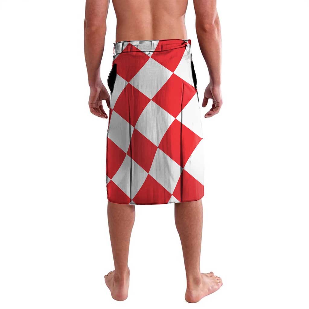 Red and white checkerboard swim shorts with elastic waistband and side ties