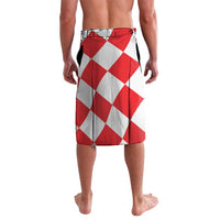 Red and white checkerboard swim shorts with elastic waistband and side ties