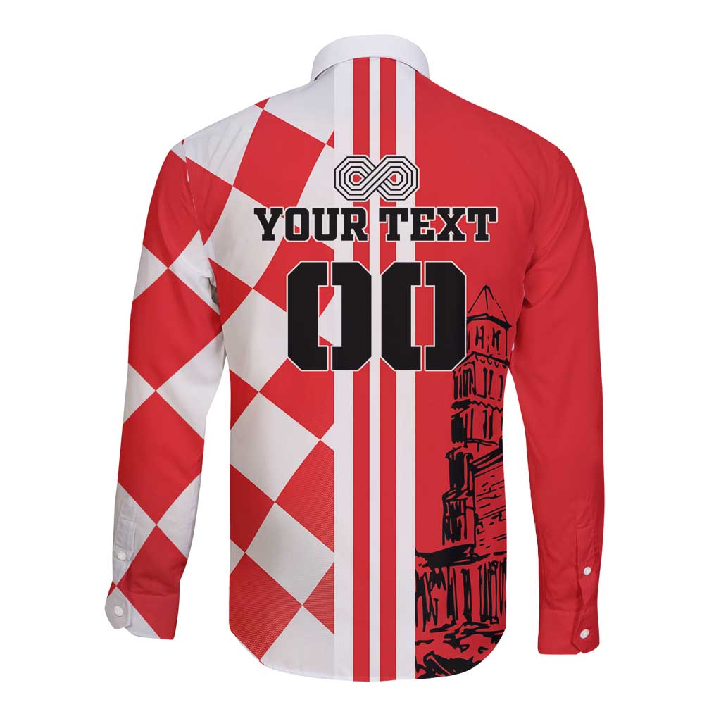 Red and white long sleeve button shirt, back graphic with 'YOUR TEXT' and stripes