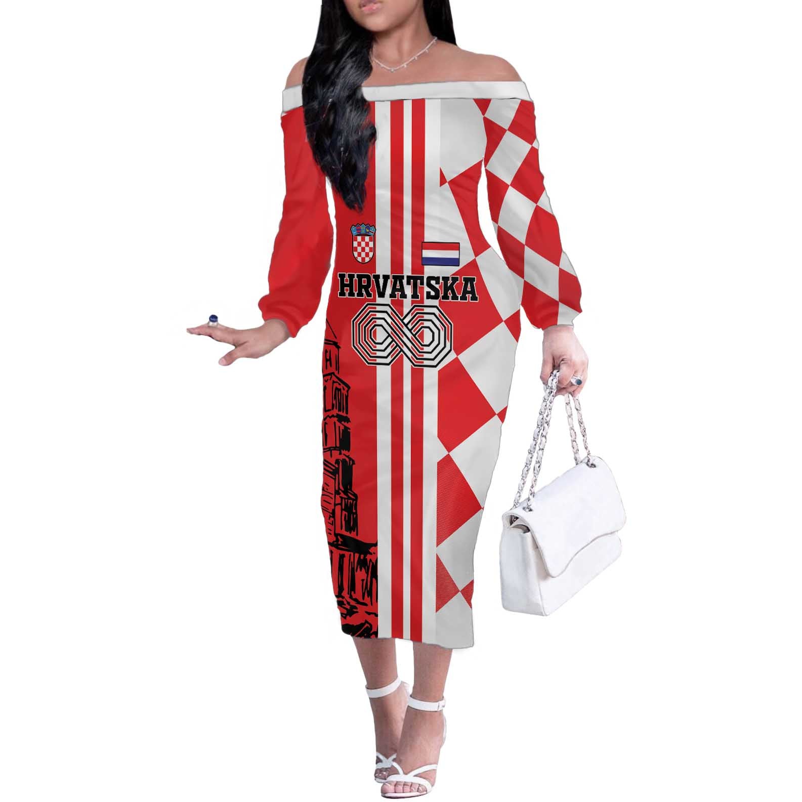 Custom Croatia Off The Shoulder Long Sleeve Dress Checkerboard Hrvatska Simple Style - Wonder Print Shop