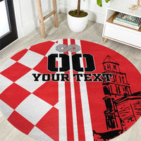 Red/white round checkerboard rug with black custom text and skyline graphic
