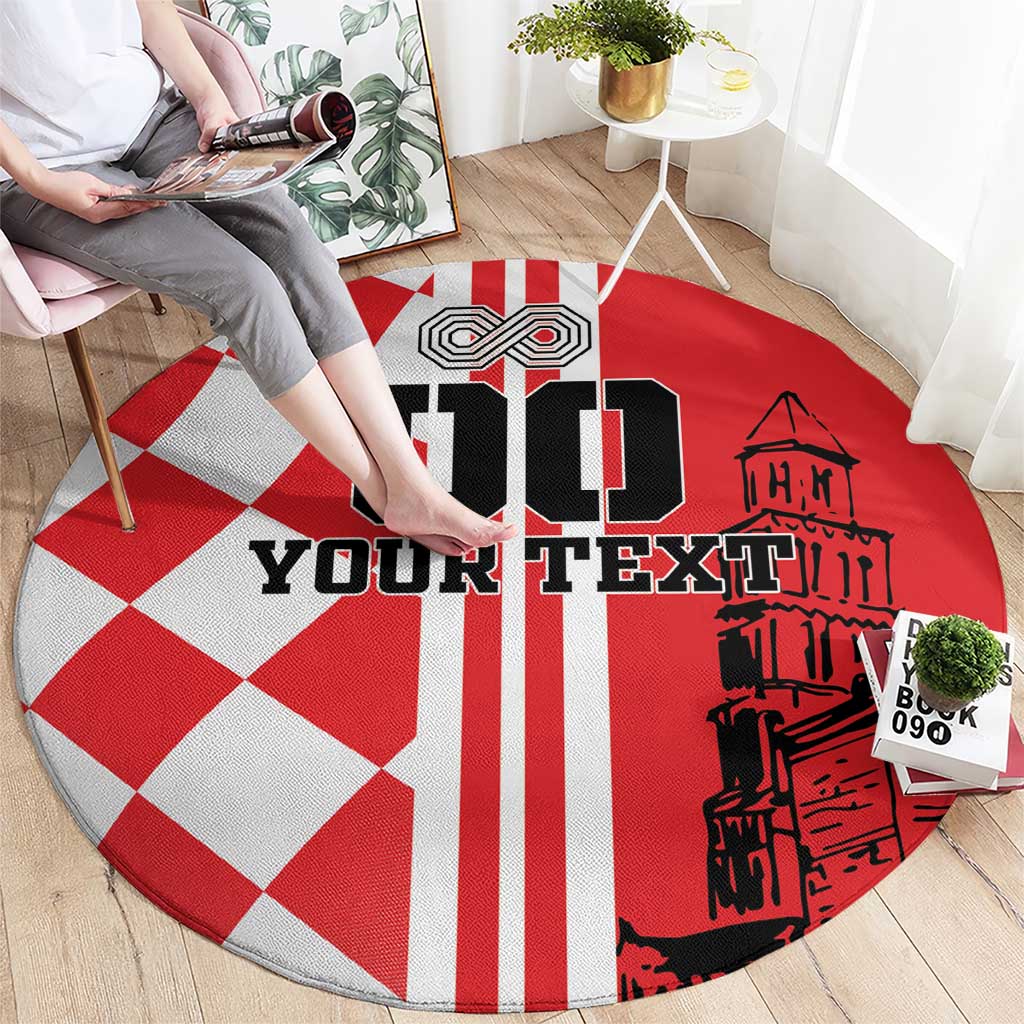 Round red and white checkerboard rug, black custom text and building illustration
