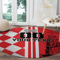 Red and white round checkerboard rug with black custom text, skyline and stripes