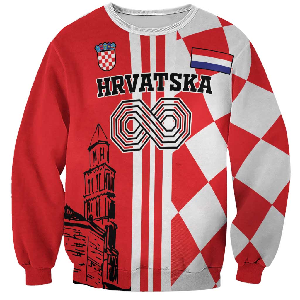 Red and gray unisex sweatshirt with checkerboard, Croatian stripes, and city graphic