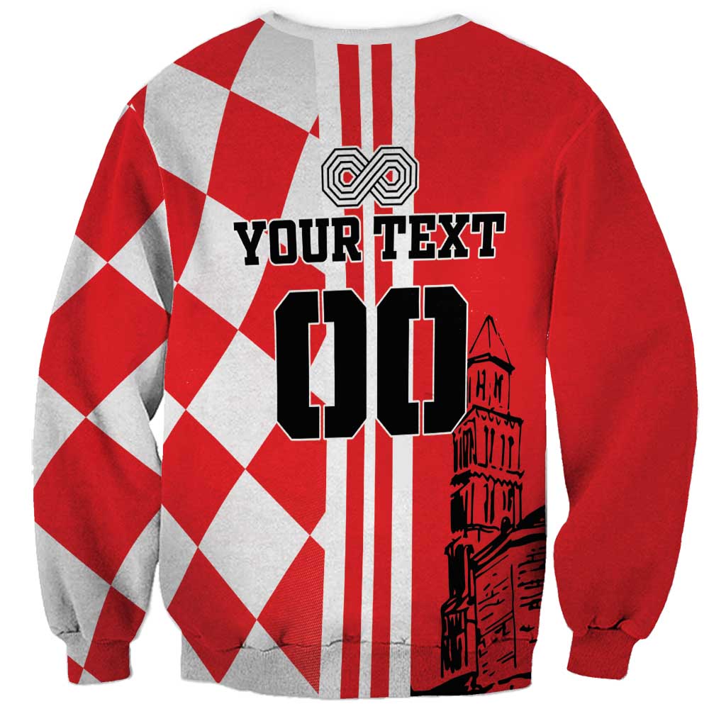 Red and gray unisex sweatshirt, back design with checkerboard, 'YOUR TEXT', and city