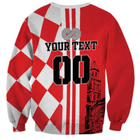 Red and gray unisex sweatshirt, back design with checkerboard, 'YOUR TEXT', and city