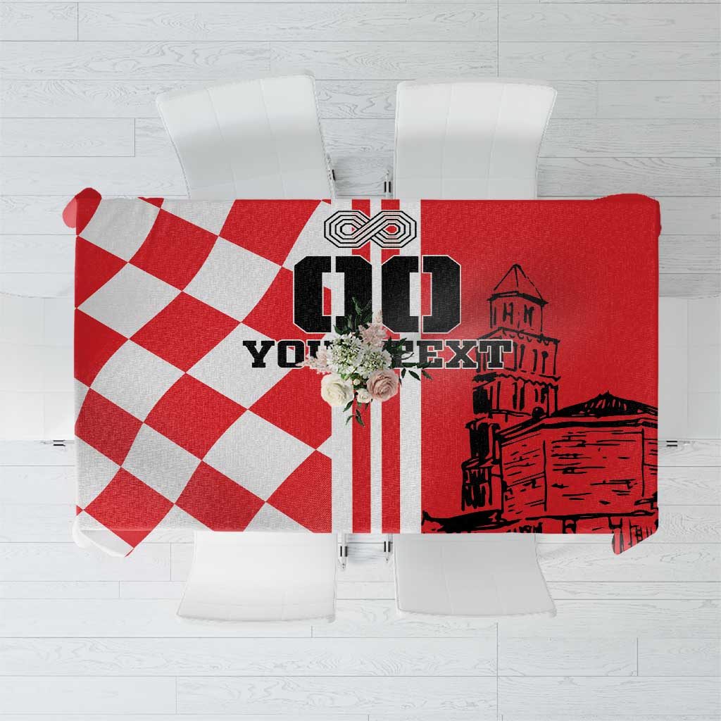 Red and white checkered tablecloth with city skyline and nautical emblem center