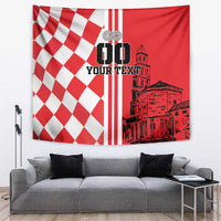 Red and white checkerboard tapestry featuring vertical stripes, city illustration, and custom text