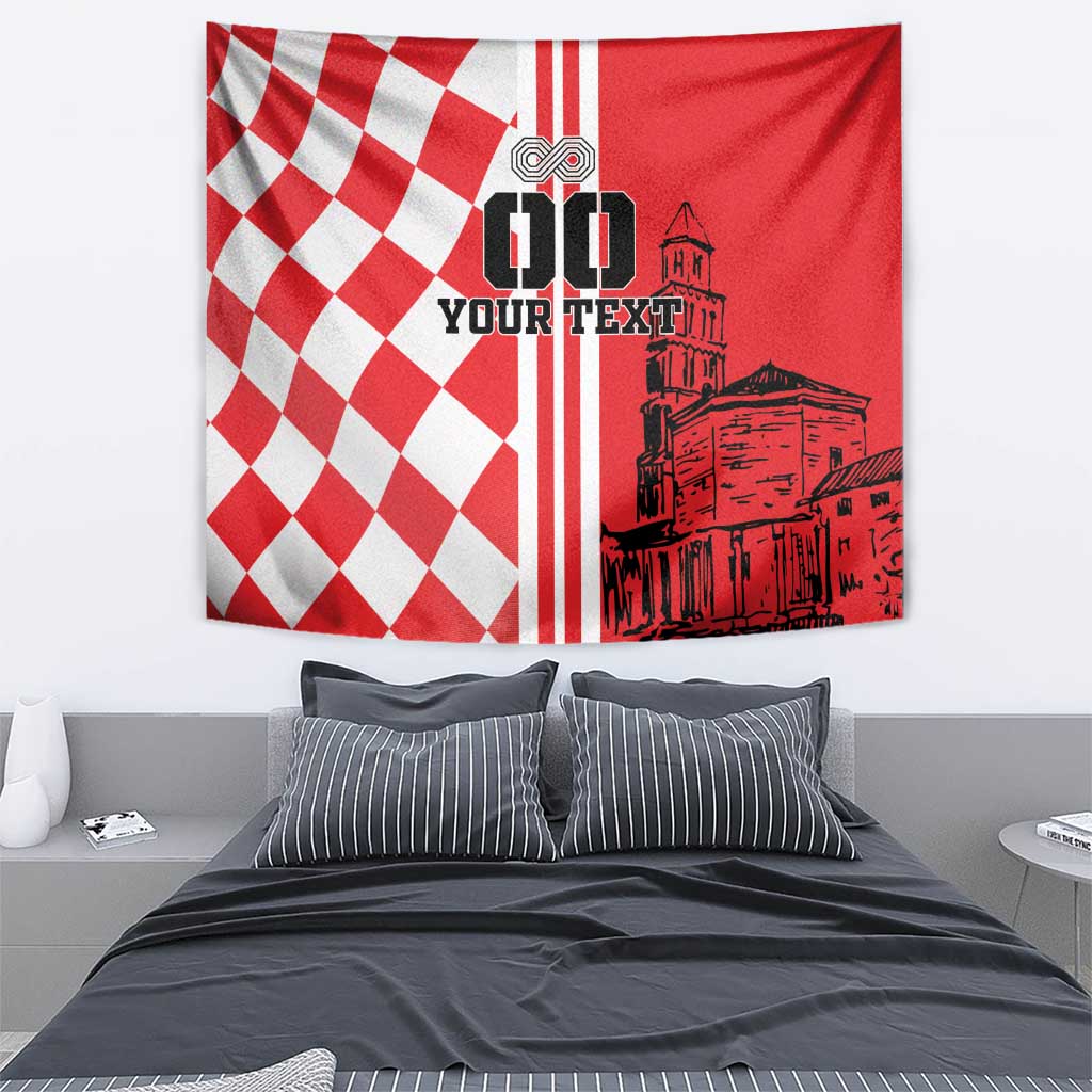 Red and white checkerboard tapestry with vertical stripes, city graphic, and text area
