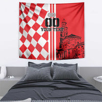 Red and white checkerboard tapestry with vertical stripes, city graphic, and text area