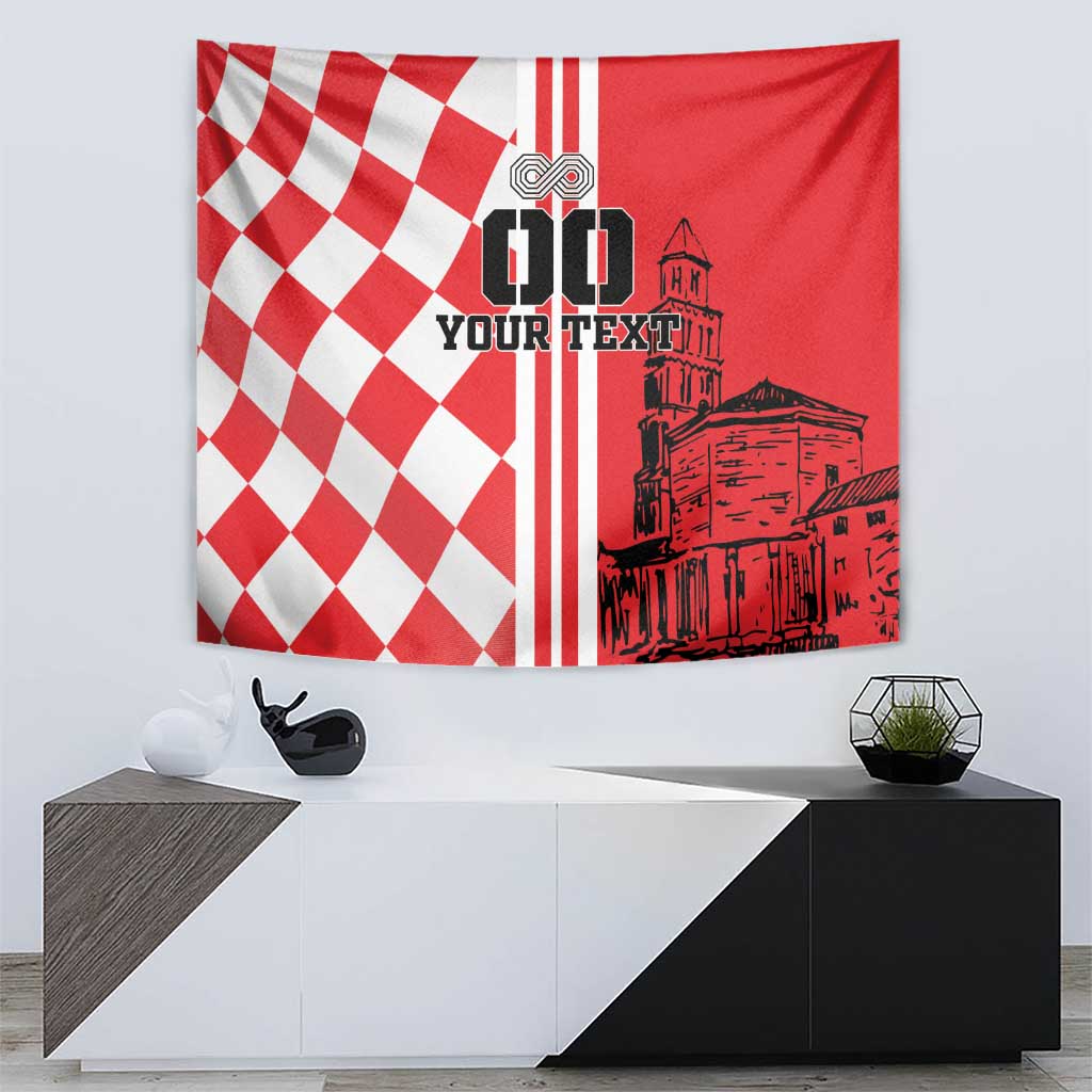 Red and white checkerboard wall tapestry with vertical stripes and city graphic
