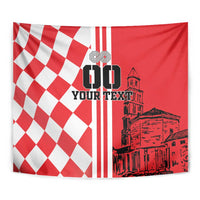Red and white checkerboard wall tapestry with vertical stripe center and city artwork
