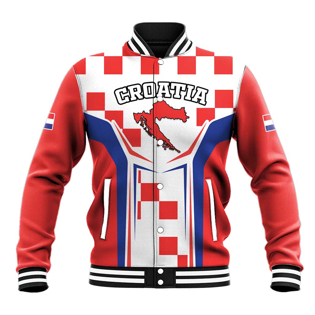 Red checkerboard baseball jacket with striped collar, snap front, and CROATIA map graphic