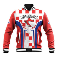Red checkerboard baseball jacket with striped collar, snap front, and CROATIA map graphic