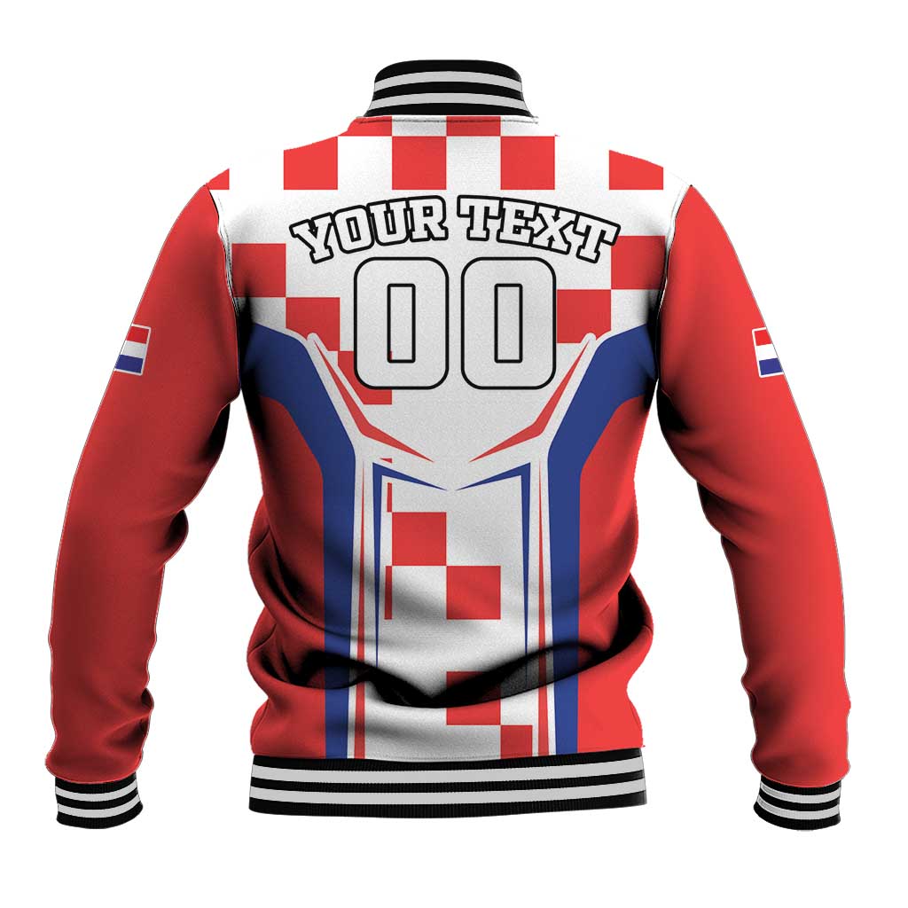 Red checkerboard baseball jacket with striped ribbed collar and back custom graphic