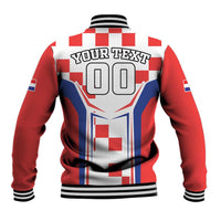 Red checkerboard baseball jacket with striped ribbed collar and back custom graphic