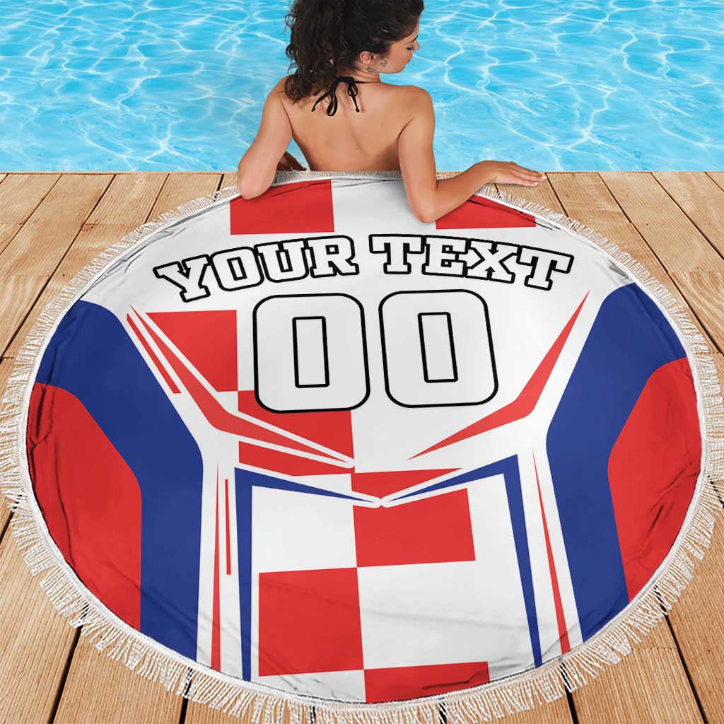Round beach blanket with fringe on wooden deck, custom text and red, white, blue flag print