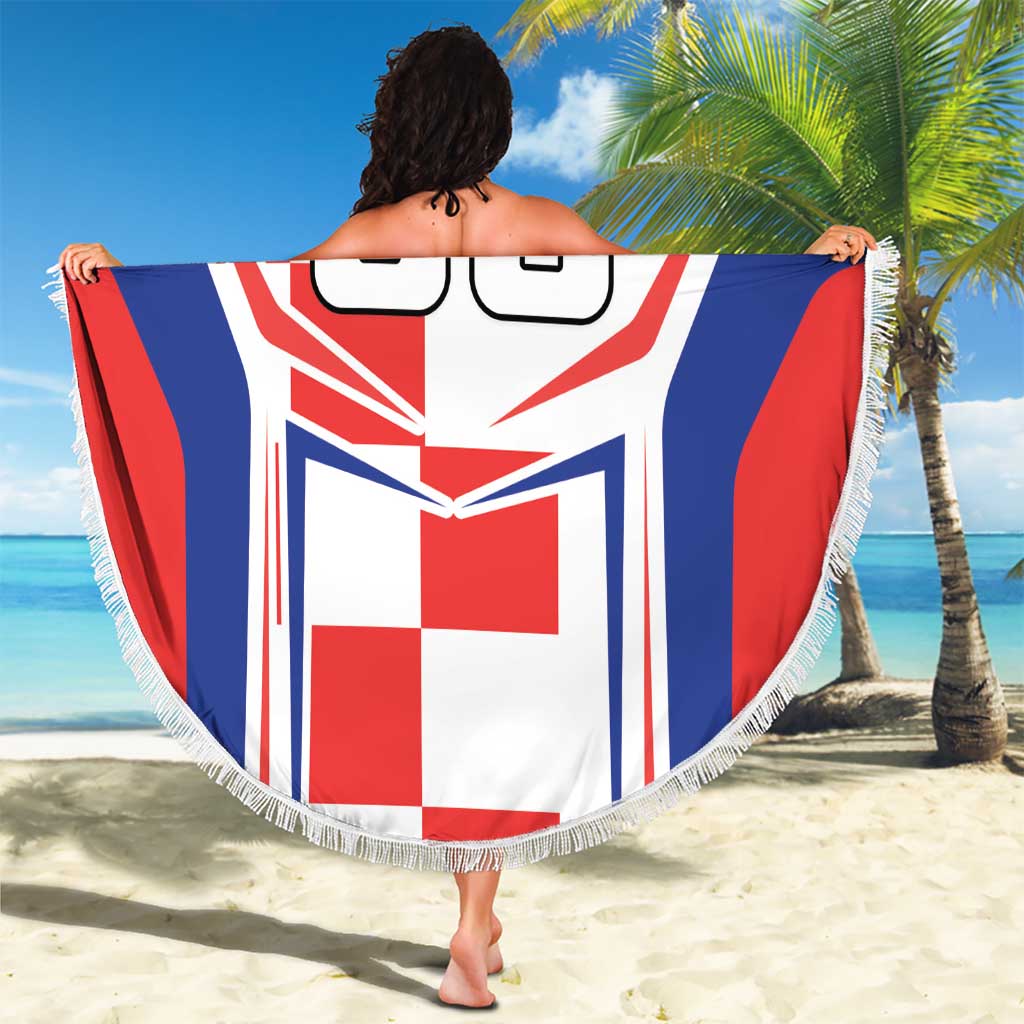 Round beach blanket with fringe held up, custom text and red, white, blue flag print