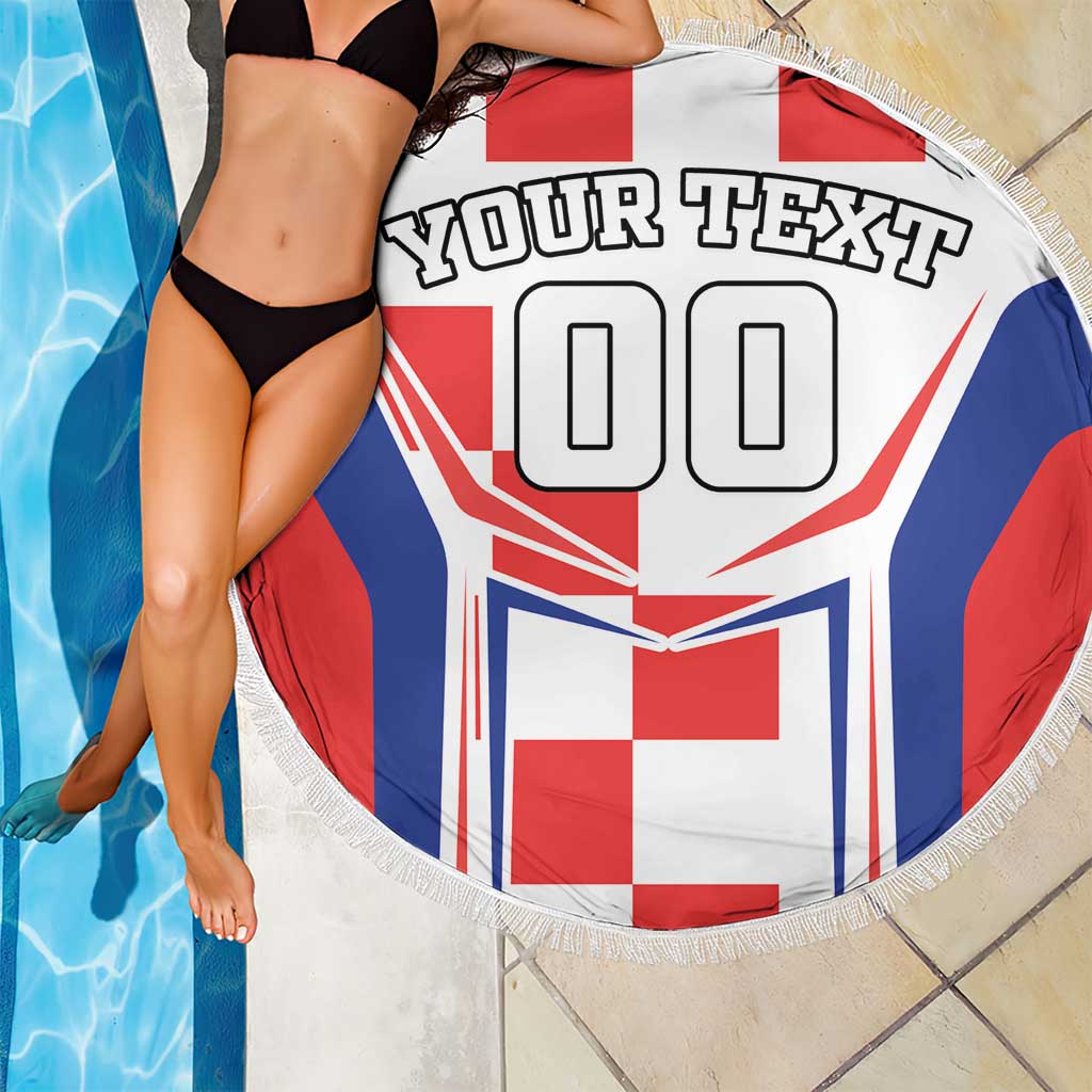 Round beach blanket with fringe, custom text and red, white, blue flag print