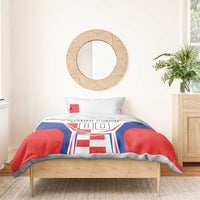 Red, white and blue duvet set with one pillow; crest graphic with 'YOUR TEXT'.
