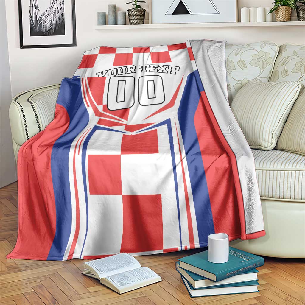 Red, white, and blue checkerboard blanket with 'YOUR TEXT' and large '00' print