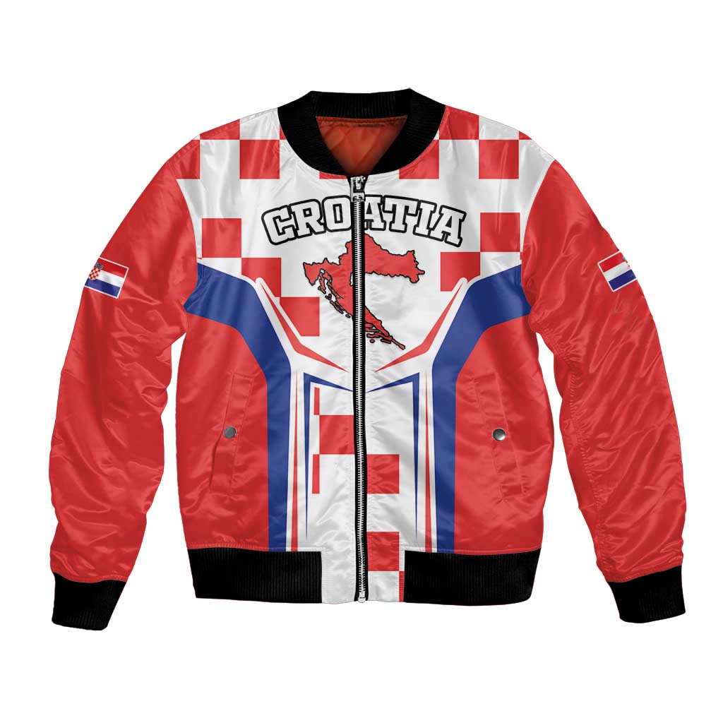 Red and white bomber jacket with checker panels, Croatia graphic, black ribbed cuffs