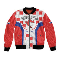Red and white bomber jacket with checker panels, Croatia graphic, black ribbed cuffs