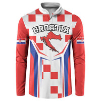 Red crewneck sweatshirt with Croatia map graphic, checkered pattern and flags on front
