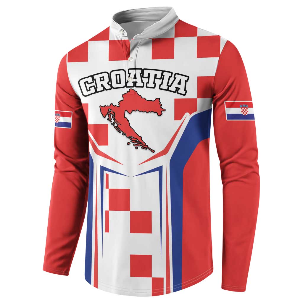 Red sweatshirt front with CROATIA text, map graphic, and blue red white stripe design