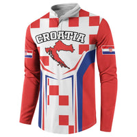 Red sweatshirt front with CROATIA text, map graphic, and blue red white stripe design
