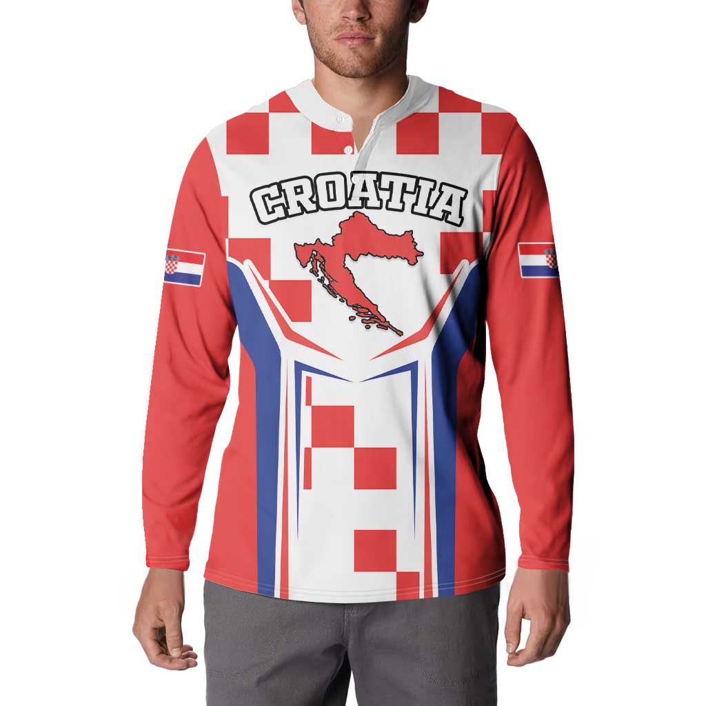 Red sweatshirt with Croatia map graphic on model, long sleeves and split neckline