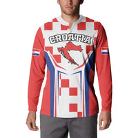 Red sweatshirt with Croatia map graphic on model, long sleeves and split neckline